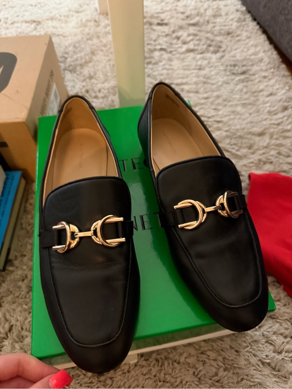 Ann Taylor Black Leather Loafers with Gold Bit Detail